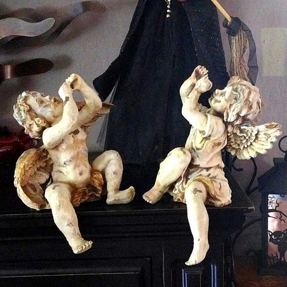 💖Vintage Toscano Boy Girl Angel Cherub Shelf Sitters - Picture 1 of 17